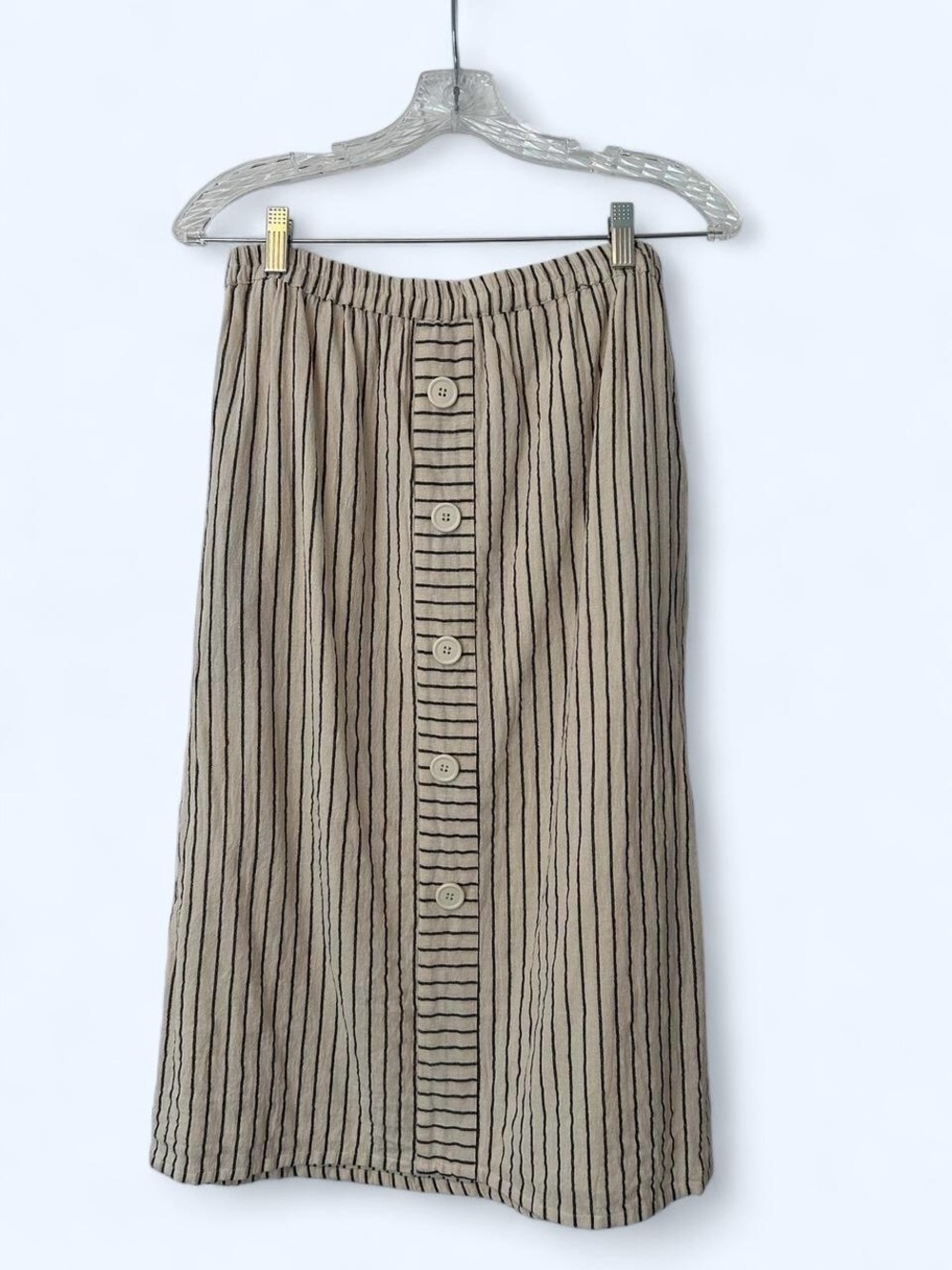 Cream Striped Button-Front Midi Skirt